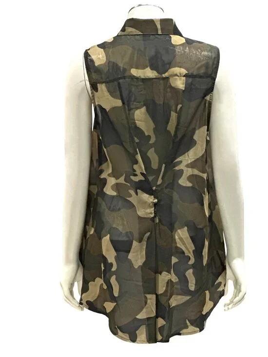 Forever 21 Medium Brown Black Camo Sleeveless Chiffon Blouse Grunge Utility Core - Picture 4 of 12